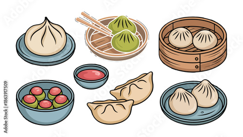 Delicious Dumplings Delight: An array of delightful dumplings, presented in various styles, promising a culinary journey of flavors, with chopsticks and sauce, on clean background.