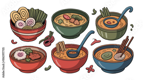 A Culinary Symphony: An overhead perspective of an illustrated collection of assorted ramen bowls, each filled with flavorful broth and garnished with ingredients.
