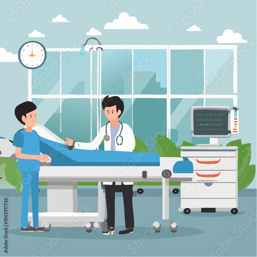 Medical professional examining a male patient in a modern hospital room, illustrating comprehensive healthcare and wellness services and support