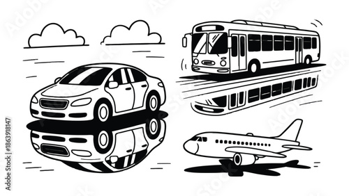 Transportation Variety: A monochrome graphic shows a diverse collection of transportation vehicles, highlighting a car, bus, train, and plane, emphasizing modern mobility