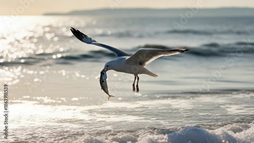 Seagull flying with fish in beak over ocean waves, sunlight on water