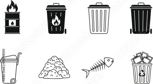 Waste Management and Recycling Line Icons Set with Trash Bins, Hazard Barrel, Garbage, Fish Bone, and Recycling Symbols Vector