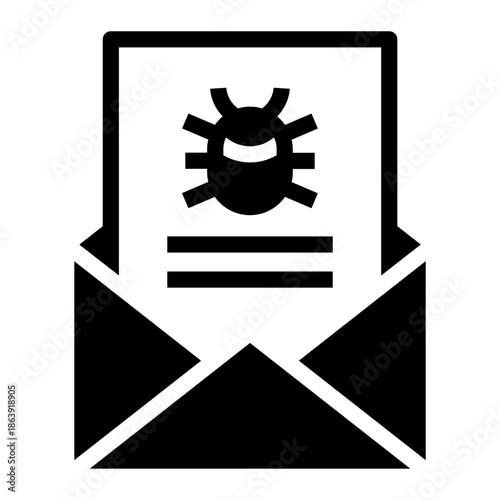 Solid glyph icon of an email containing a bug