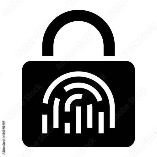 Solid glyph icon of a padlock with biometric fingerprint scan