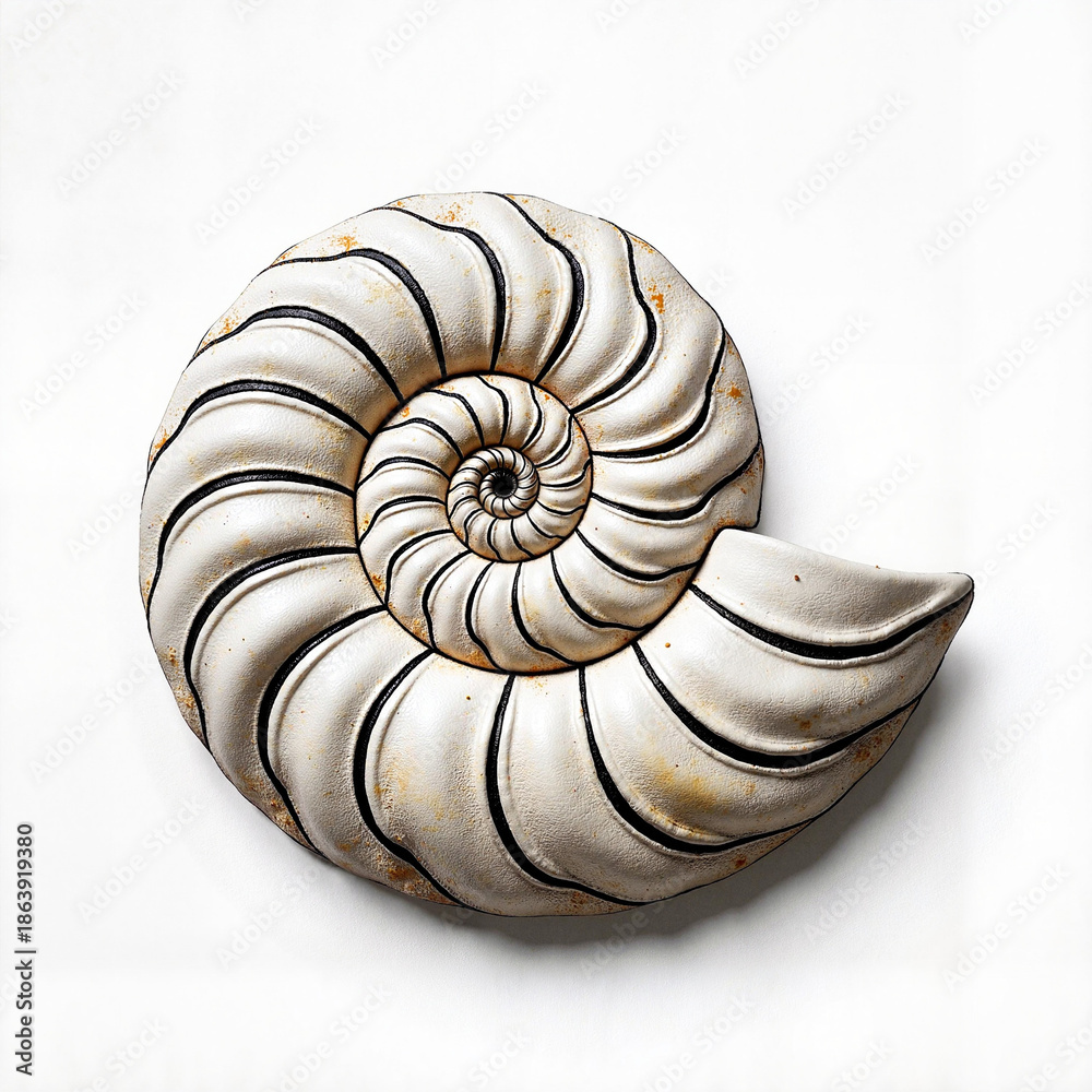 Obraz premium Detailed fossil ammonite shell on flat white background, natural beauty