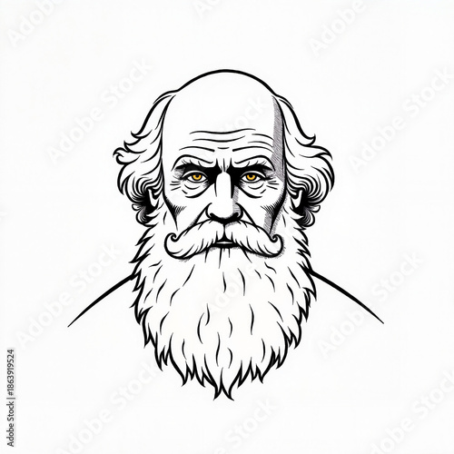 Intricate line art portrait of Charles Darwin, intellectual expression, nature