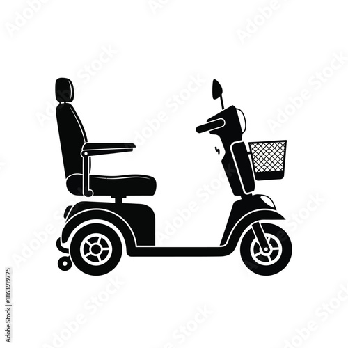 a black silhouette of a mobility scooter with a basket and seat showcasing assistive technology for independence high quality professional