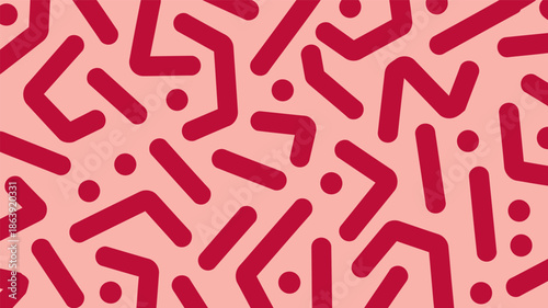 Abstract background pattern features thick, irregular, broken red lines and small dots scattered across a soft pink texture, reminiscent of 1980s Memphis design.