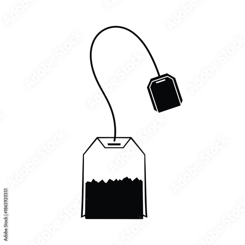 a simple black and white illustration depicts a teabag with a string hanging over a cup representing a hot beverage