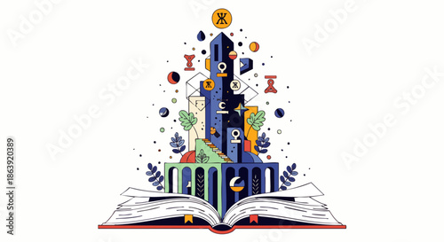 An imaginative, abstract world of knowledge and creativity springs forth from the pages of an open book, symbolizing learning, growth, and discovery.