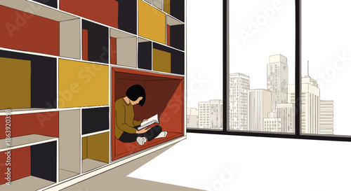 A serene individual finds quiet solace reading a book inside a colorful, contemporary bookshelf nook, overlooking a dynamic urban cityscape.
