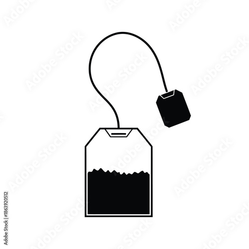 a simple black and white illustration depicts a teabag with a string submerged partially in a cup of tea