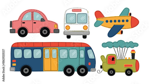 Playful Transport: A vibrant illustration showcasing diverse modes of transport for playful learning, featuring a car, bus, plane, train, designed for educational content.