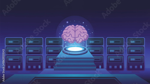 Pink Brain Levitating Over Glowing Pedestal in Server Room