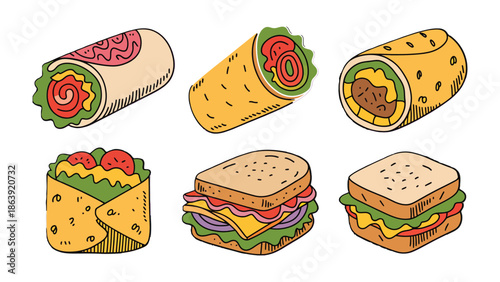 Culinary Creations: A mouthwatering arrangement of diverse wraps and sandwiches, a visual feast of fresh ingredients, textures, and tastes.