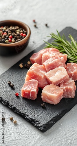Fresh Raw Cubes of Protein: Appetizing Pieces on a Slate Board With Rosemary and Pepper in a Light Neutral Background