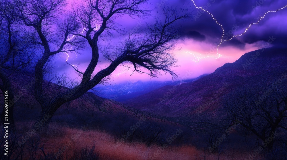 Obraz premium A bare tree silhouette against a dramatic purple sky filled with lightning strikes over a mountainous landscape during a powerful storm
