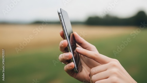 Close Up of Hands Using a Smartphone in a Rural Field