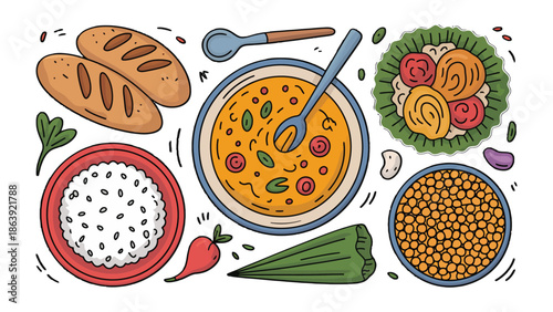 Culinary Delights: An overhead perspective of a gourmet meal on a wooden surface, inviting viewers to savor the rich flavors and textures of the culinary arts.