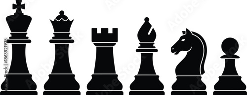 Chess piece silhouette icon set featuring king queen rook bishop knight and pawn, black minimalist strategy game symbols isolated on white background