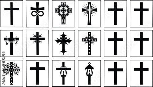 Christian cross icon set with framed religious symbols, black silhouette designs isolated on white background for faith branding projects and vector illustration