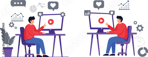 Content creators analyzing video marketing performance with analytics dashboards, social media engagement icons, charts, and modern flat illustration for digital growth