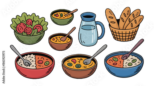 Culinary Collection: An array of delightful dishes, from fresh salad to hearty soup, all arranged in a visually appealing presentation.