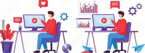 Content creators working at computers with video marketing analytics, social media engagement icons, charts, and modern flat illustration for digital business growth