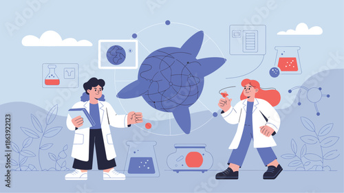 Two scientists in lab coats examining a blue globe