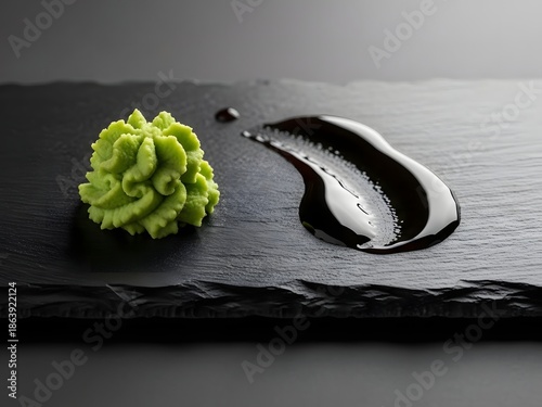 Minimalist wasabi and soy sauce on a slate plate
