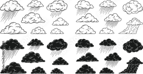 Hand drawn rain cloud icon set with weather variations, sketch style fluffy clouds and rainfall illustrations isolated on white background