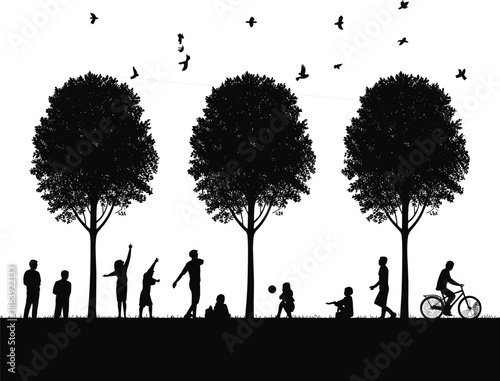 People enjoying park silhouette scene, children playing under trees, birds flying, outdoor leisure lifestyle, family recreation, black white vector illustration