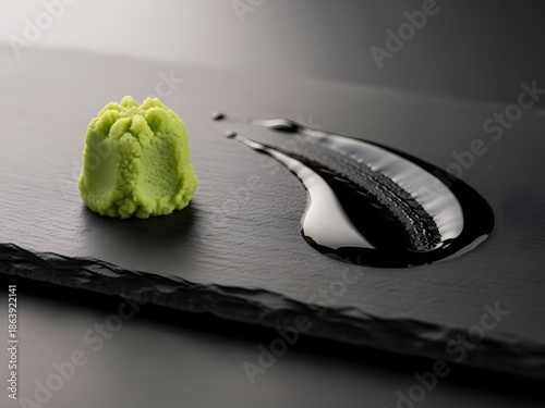 Minimalist wasabi and soy sauce on a slate plate
