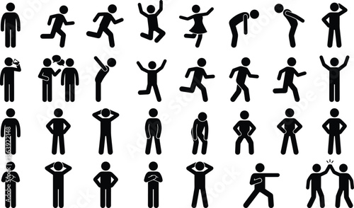 Human figure pictogram icon set showing various actions postures and emotions, black silhouette people symbols isolated on white background vector design