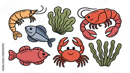 Sea Creatures Illustration: A charming assortment of underwater inhabitants, each with its unique characteristics and vibrant colors. Featuring a playful prawn, a smiling crab, a lively fish.