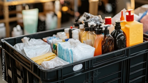 A black crate filled with essential hygiene supplies including soap dispensers tissues and bottles for personal care and sanitation