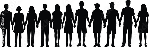 People holding hands silhouette group, unity diversity togetherness concept, community equality teamwork harmony, social connection, black white vector illustration