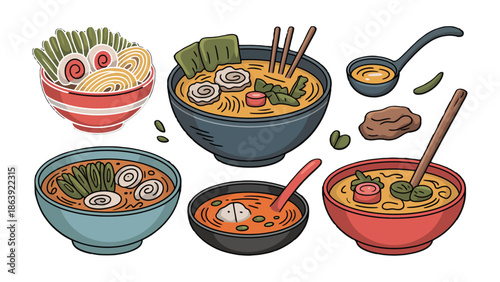 Culinary Symphony: A vivid illustration of assorted ramen bowls filled with delicious ingredients. Each bowl bursts with different flavors and garnishes.