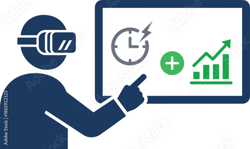 Virtual reality business analytics presentation showing immersive data visualization, productivity growth metrics, futuristic technology training dashboard, and digital performance strategy concept