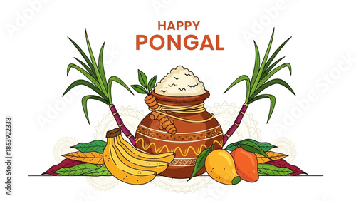 Vibrant Pongal celebration with traditional pot and fruits