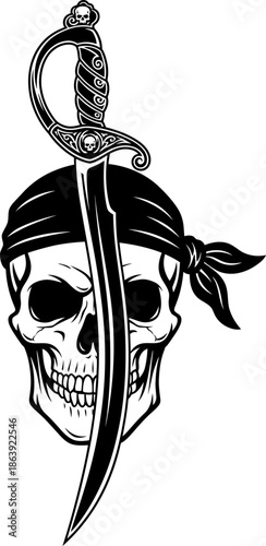 Skull with bandana and medieval sword through eye socket. Pirate concept. Vector illustration for tattoo, print, Halloween graphic