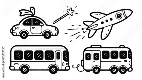 Transportation Doodle: Charming doodles depict various modes of transportation, from a whimsical car and a magic wand to a soaring airplane and buses, inviting imaginative journeys and exploration.