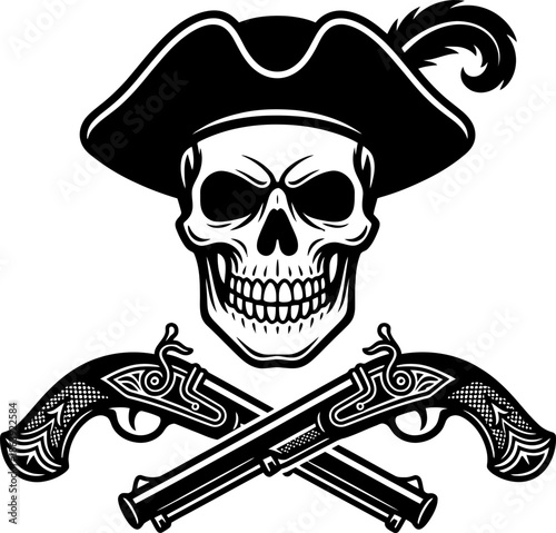 Pirate skull with crossed pistols and hat with feather. Aggressive buccaneer symbol. Vector illustration for Halloween, t-shirt, tattoo, logo, insignia