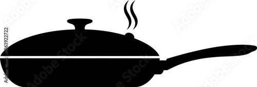 Steaming frying pan icon. Hot cooking meal symbol with steam. Simple cooking food process. Black and white vector pictogram for kitchen logo