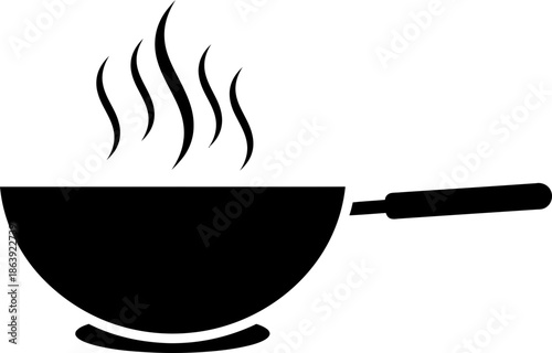 Black silhouette of a hot frying pan with steam for a cooking or restaurant concept. Simple food preparation symbol. Vector icon