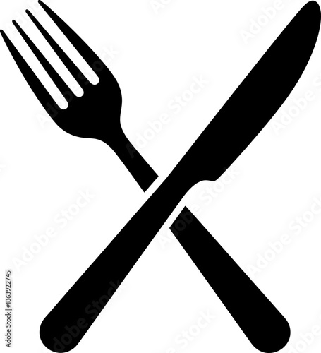 Fork and knife crossing icon representing a simple dining and serving concept. Modern restaurant or food symbol. Vector illustration