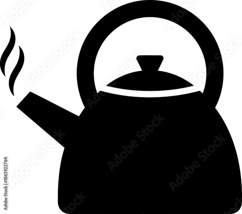 Black simple kettle with steam coming from spout vector icon, symbol for kitchen, cooking, beverage, tea, coffee, drink illustration