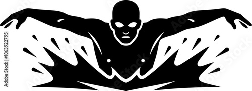 Man swimmer performing butterfly stroke splashing water. Athlete sport activity concept. Vector icon for logo, active club, competition