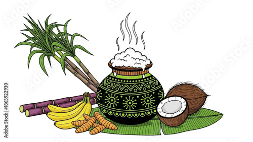 Traditional Indian offering with steaming pot and tropical fruits