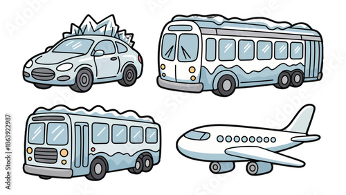 Vehicles Covered in Ice: An illustration showcasing a car, a bus, another bus, and a plane, all enveloped in ice, creating a scene of frosty transport.